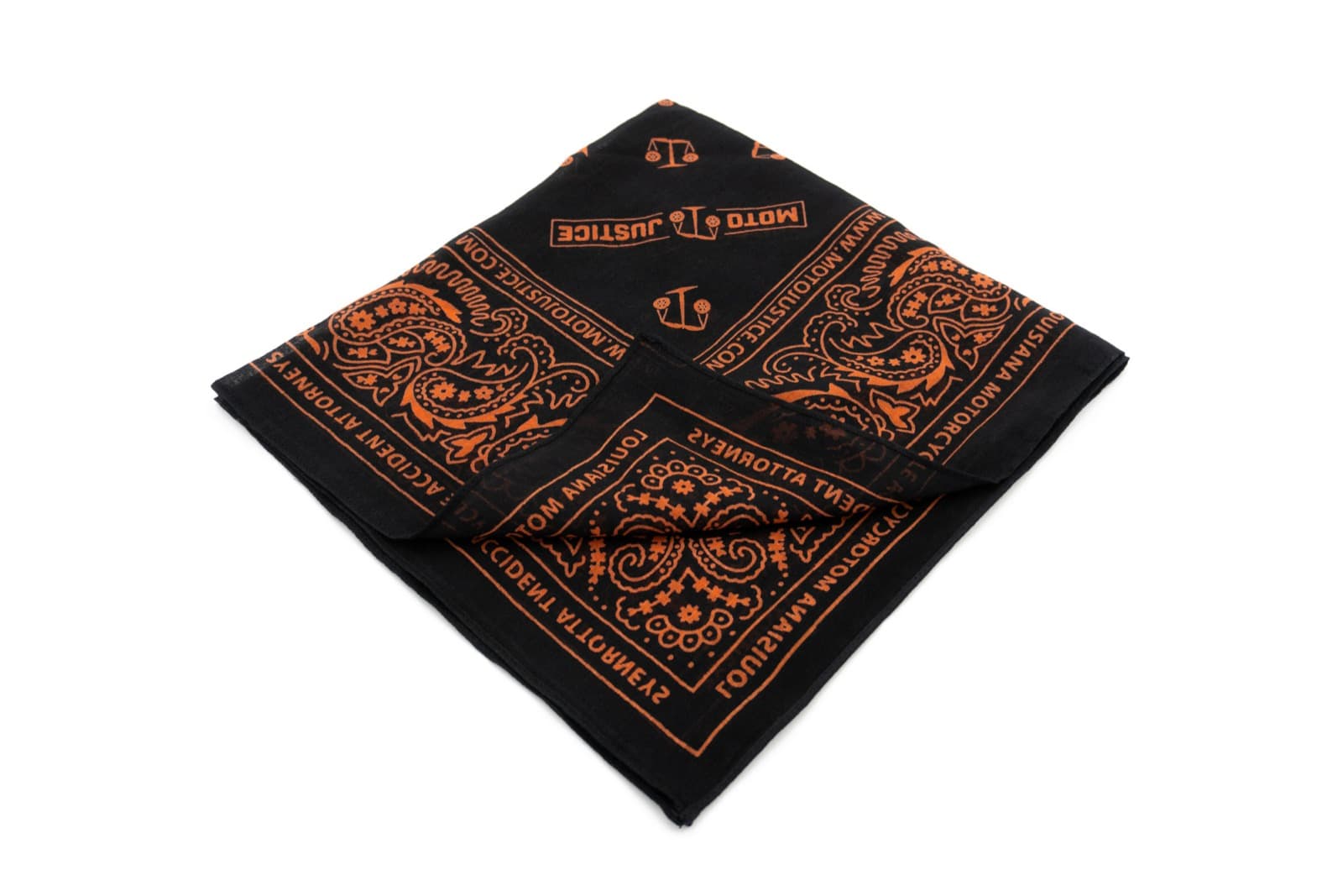 Custom double-sided bandanas folded to show the print reads clearly on both sides