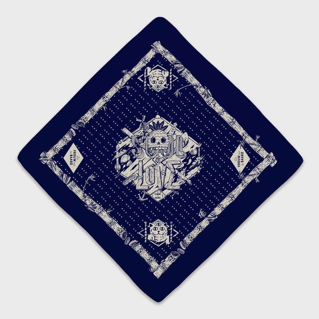 Custom screen-printed bandana on navy blue